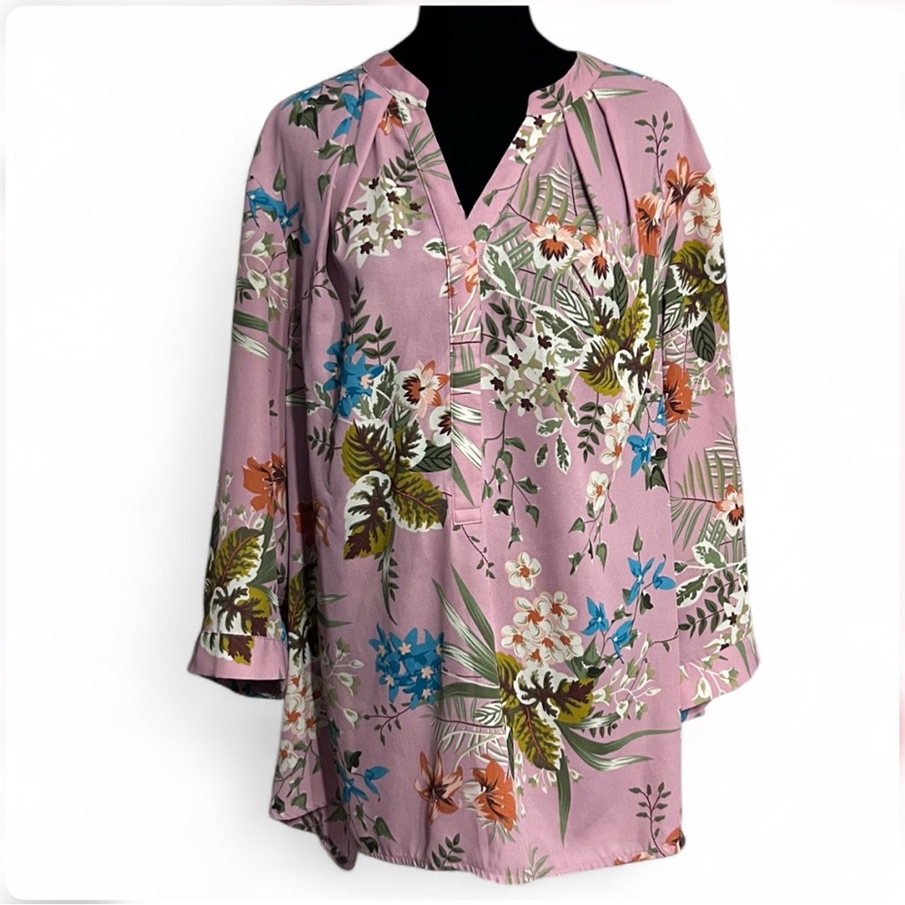 Violet & Claire Floral Multicolor Blouse 14-16 V Neck With Folds Exellent Cond.